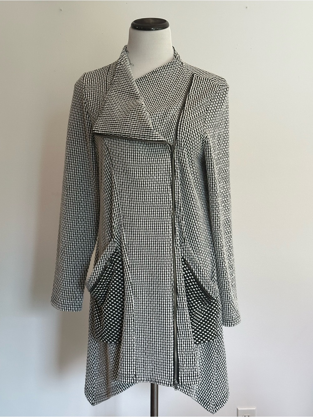 Black & White Textured Long Jacket with Asymmetrical Collar